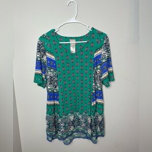 Chico's Bohemian Green And Blue Multi Print Top Size 2/Large
